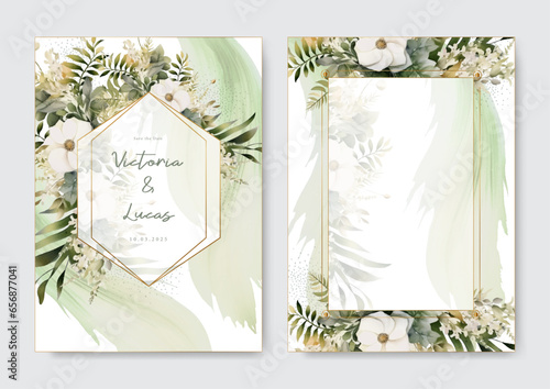 Moody boho chic watercolor wedding invitation template set with floral white camellia