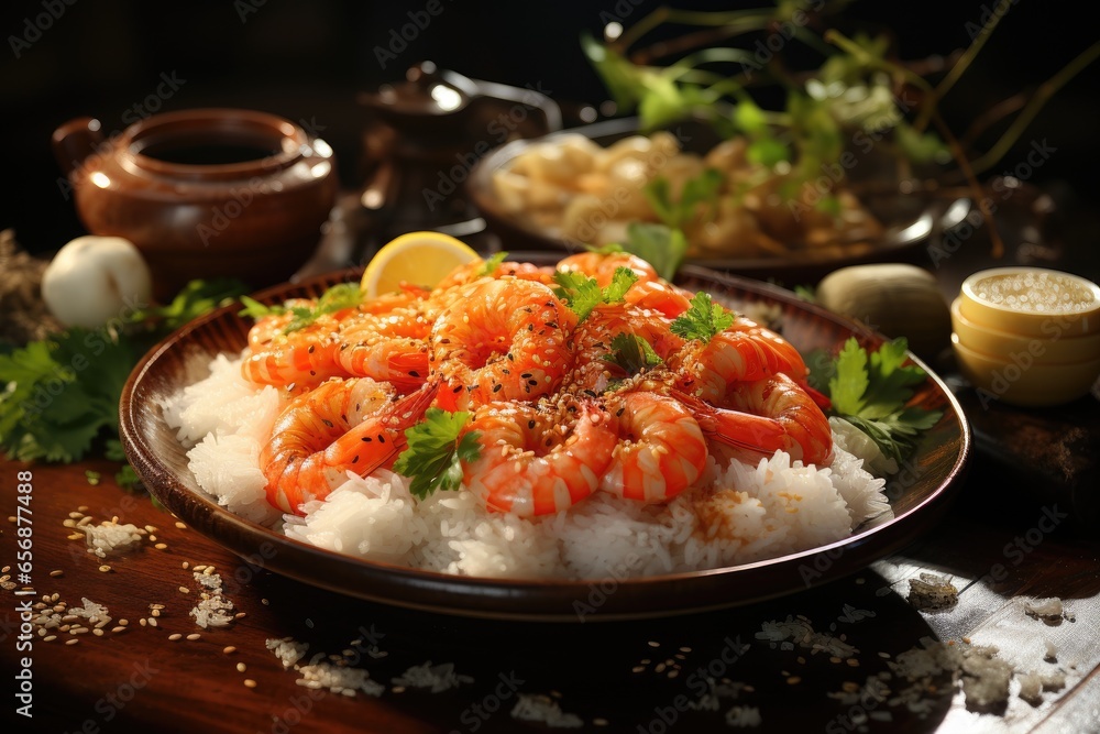 A chef cooking shrimp in a restaurant kitchen.Generated with AI A chef cooking shrimp in a restaurant kitchen.Generated with AI