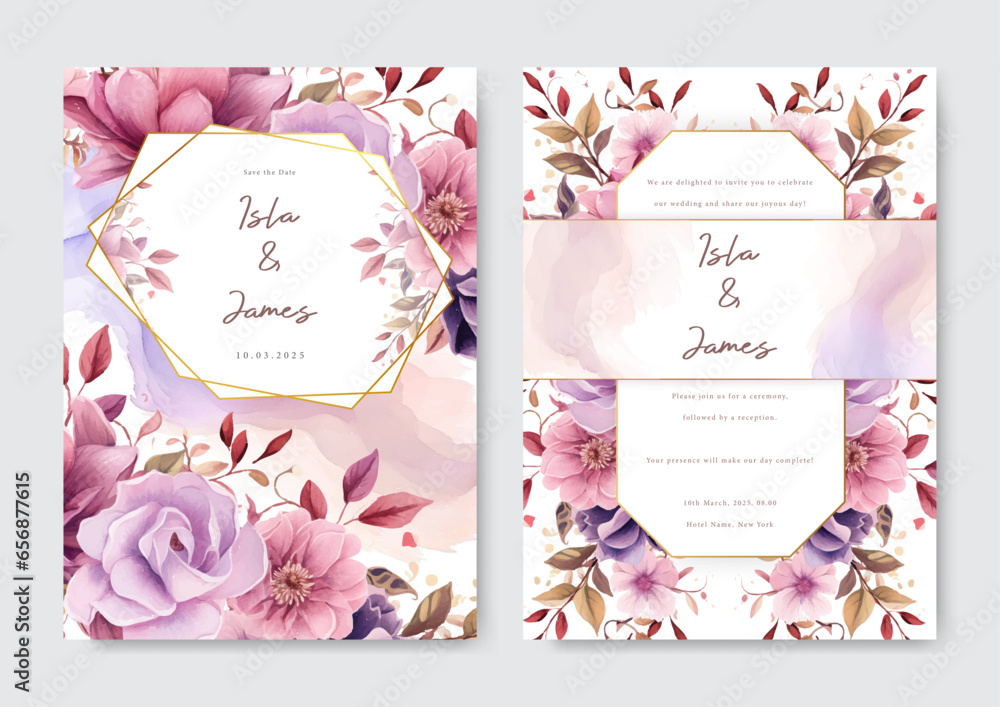 Purple violet rose and pink buttercups luxury wedding invitation cards with watercolor flowers