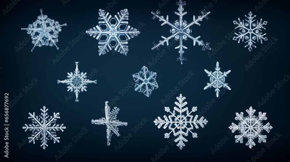A visual representation of a collection of snowflake crystals on a dark background, inviting text to discuss the science behind snowflake formation, background image, AI generated A visual representation of a collection of snowflake crystals on a dark background, inviting text to discuss the science behind snowflake formation, background image, AI generated