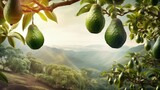A scene showcasing an avocado orchard with ripe fruit hanging from trees, set against a textured background, AI generated