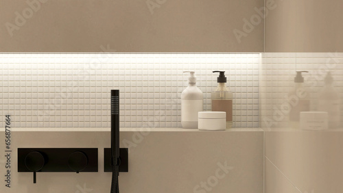 Mock up of shampoo, soap bottle in white mosaic recessed wall shelf, shower niche in beige wall bathroom in sunlight for luxury beauty body, hair care, treatment toiletries product background 3D