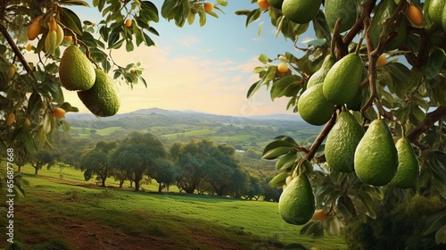 A scene showcasing an avocado orchard with ripe fruit hanging from trees, set against a textured background, AI generated © Hifzhan Graphics