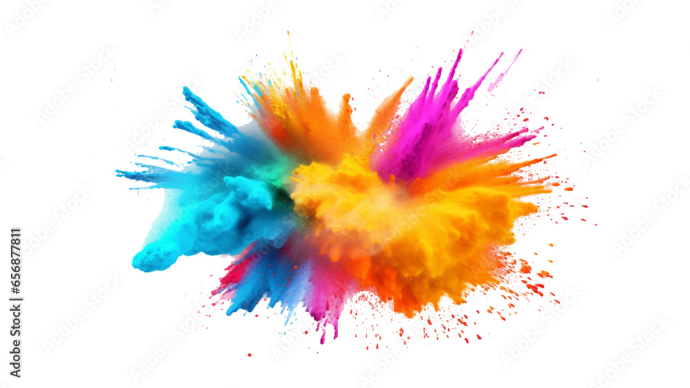 colorful vibrant rainbow Holi paint color powder explosion with bright colors isolated white background. - obrazy, fototapety, plakaty 