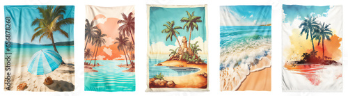 Set with different beach towels on transparent, top view