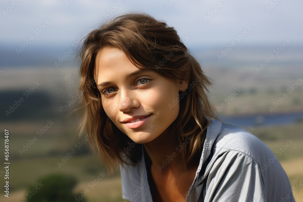 Portrait of a Fictional Beautiful Young Woman Smiling. Generative AI.