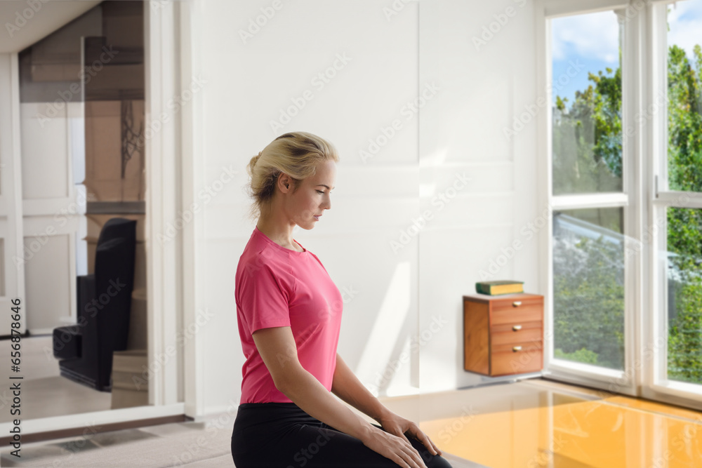 Beautiful young healthy woman doing Pilates at home in the morning, room overlooking the green garden. Beautiful young healthy woman doing Pilates at home in the morning, room overlooking the green garden.