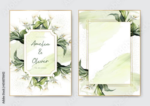 Luxury wedding invitation background with white grey calla lily art flower and watercolor splashes