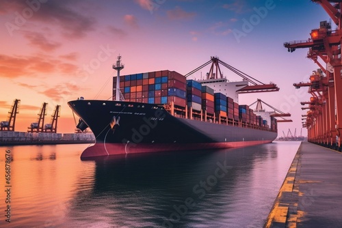 A container cargo ship at an industrial port engaged in import-export logistics and transportation of international goods by sea. Generative AI