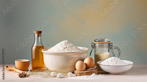 An image featuring essential cake making ingredients such as flour, eggs, sugar, and vanilla extract, set against a soothing pastel background. Leave space for text, background image, AI generated
