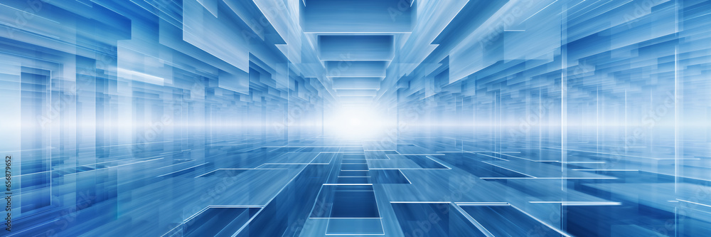 Abstract background with tunnel space made of blocks and geometrical surfaces extending towards a luminous line on the horizon Abstract background with tunnel space made of blocks and geometrical surfaces extending towards a luminous line on the horizon
