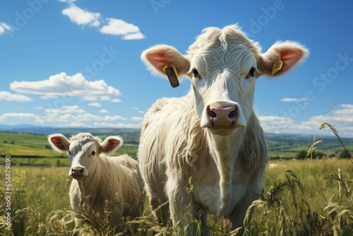 A cowherd raises cows happily farm wide pasture. products from cows for sale meat , milk, cheese, butter