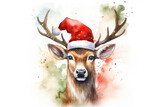 christmas reindeer with santa hat, greeting card, copy space