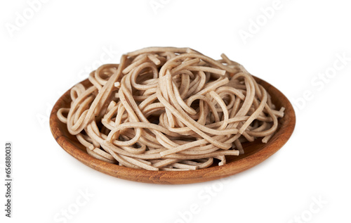 soba noodle isolated on white background. pile of soba noodle isolated. heap of soba noodle isolated wood plate