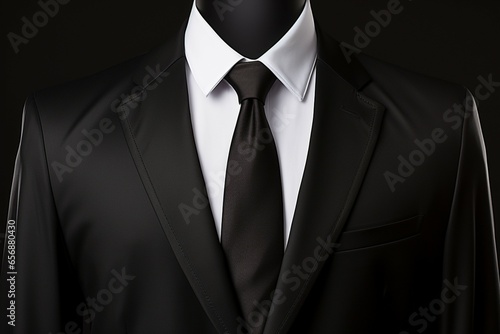 An isolated depiction of a lifelike black suit piece, including a cotton shirt and a refined tie