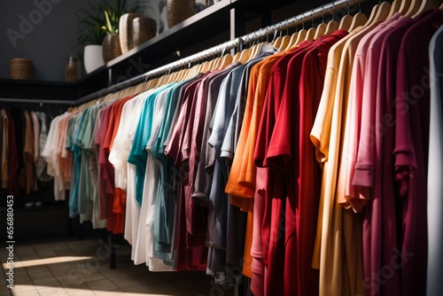 An organized display of garments on hangers, forming neat rows