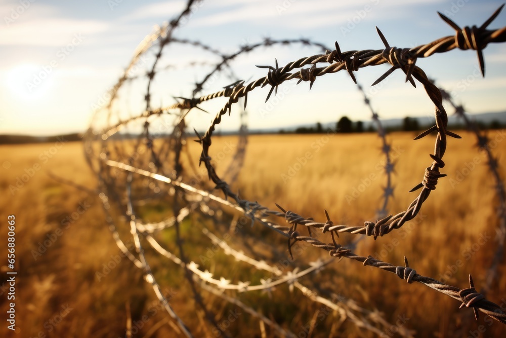 Barbed and razor wire fence. Fencing the state border against immigration Barbed and razor wire fence. Fencing the state border against immigration