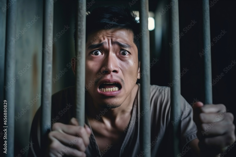 Male prisoner in a cell behind bars. Young man in prison. An Asian prisoner is crying in his cell. Male prisoner in a cell behind bars. Young man in prison. An Asian prisoner is crying in his cell.