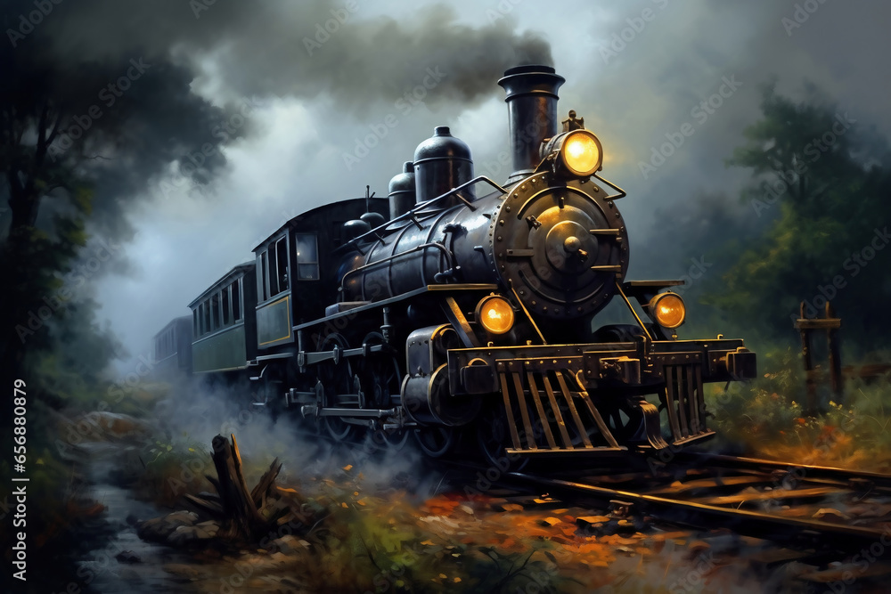 Fototapeta premium A train traveling down train tracks next to a lush green field. Smoke from the chimney of a retro train.