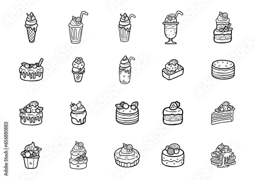  cute handraw doodle desserts bakery set black and white colour