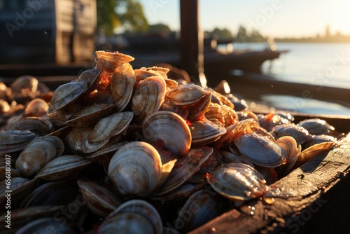 Fishermen cultivate and research clams in organic farms, catch to sell in market, as ingredients in restaurants. photo