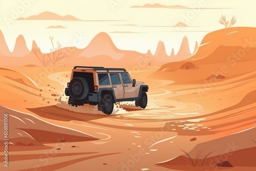 cartoon suv driving off-road on sandy terrain. Generative AI © Kaida