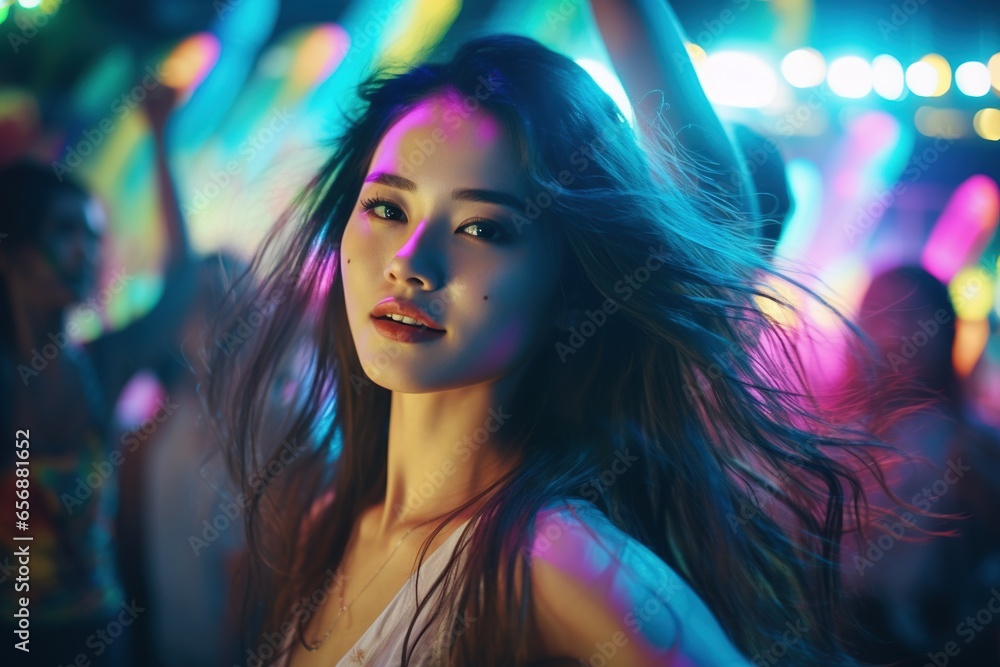 Portrait of a beautiful young asian woman with long hair in night club Portrait of a beautiful young asian woman with long hair in night club