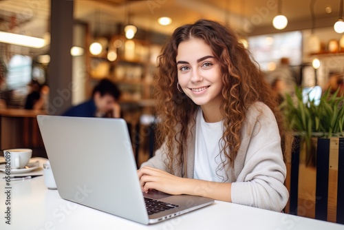 Portrait of Beautiful European Female Student Learning Online in Coffee Shop  Young Woman Studies with Laptop in Cafe  Doing Homework
