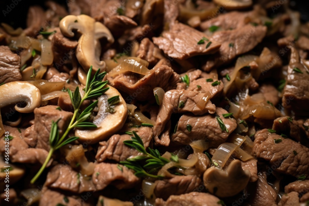 macro shot showing beef pieces and mushrooms in beef stroganoff macro shot showing beef pieces and mushrooms in beef stroganoff