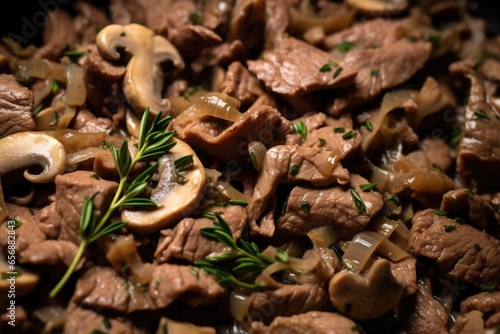 macro shot showing beef pieces and mushrooms in beef stroganoff