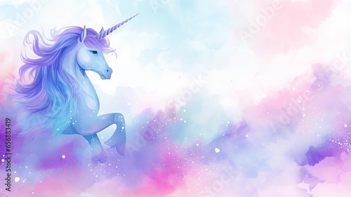 Watercolor background with blue and violet rainbow and unicorn theme