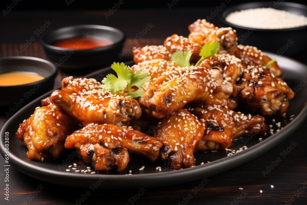 asian-style chicken wings garnished with sesame seeds asian-style chicken wings garnished with sesame seeds