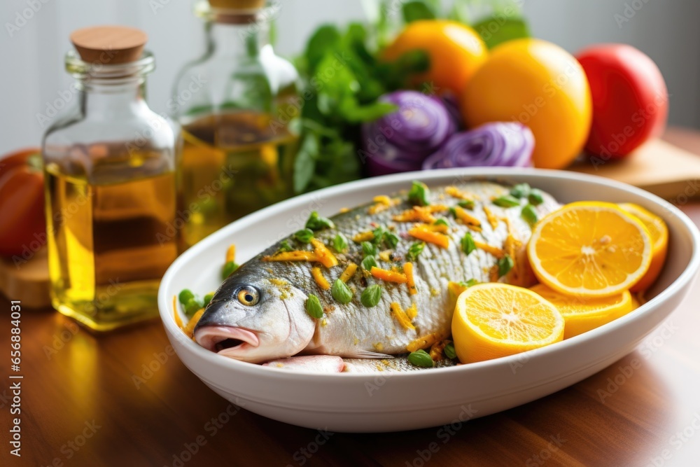 marinated fish next to a bowl of citrus fruits