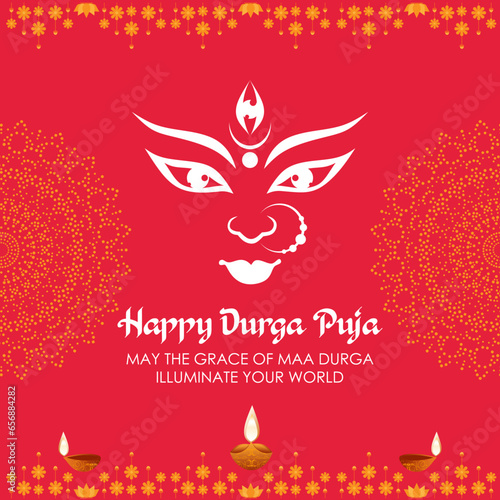 Indian Religion Festival Durga Puja Background Template Design with Goddess Durga Face Illustration