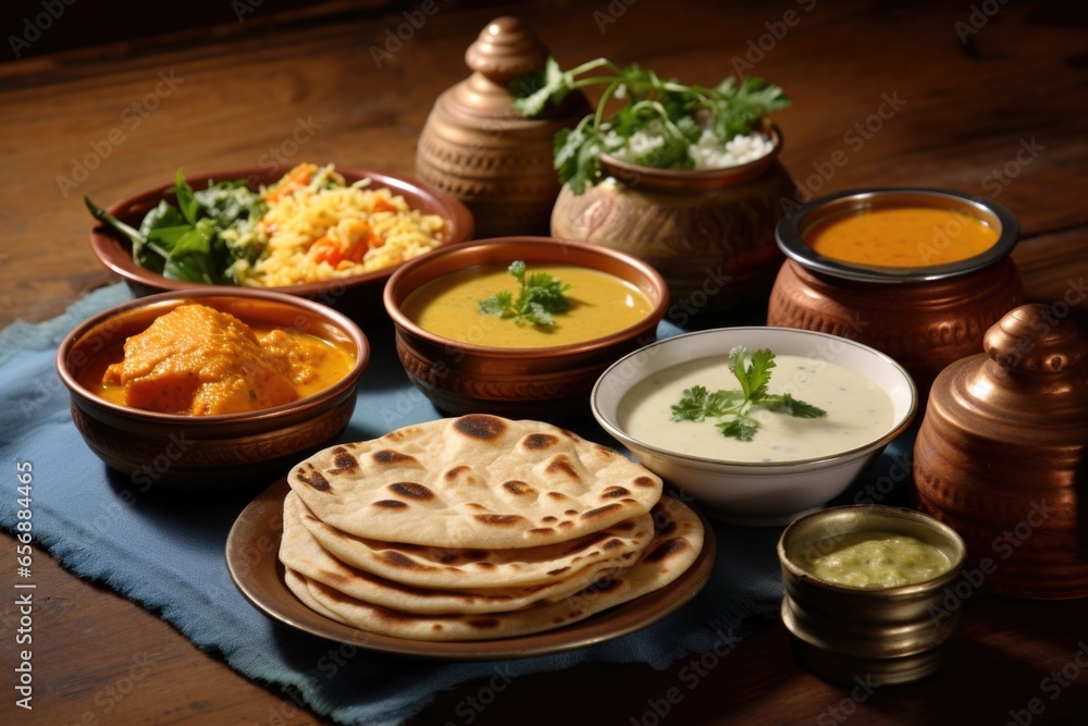 indian curry set meal with naan and lassi in clay dishes