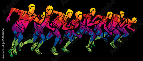 Men Start Running Together Marathon Runner Action Cartoon Sport Graphic Vector