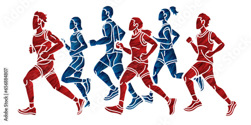 Group of People Men and Women Running Together Marathon Runner Cartoon Sport Graphic Vector