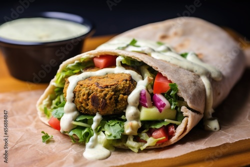 falafel sandwich with tahini sauce drizzled over
