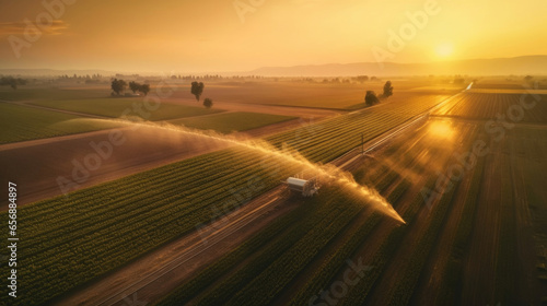 Aerial view of at Agricultural irrigation system in potato field, watering crop for more growth. Center pivot system irrigation. Watering crop in field at farm. Generative Ai
