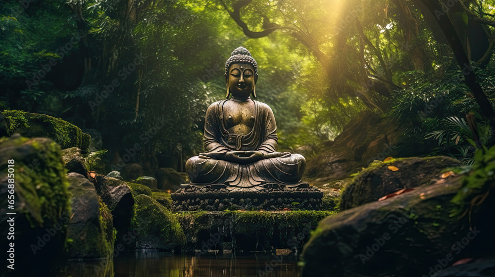 Buddha statue at the waterfall in nature. Generative Ai