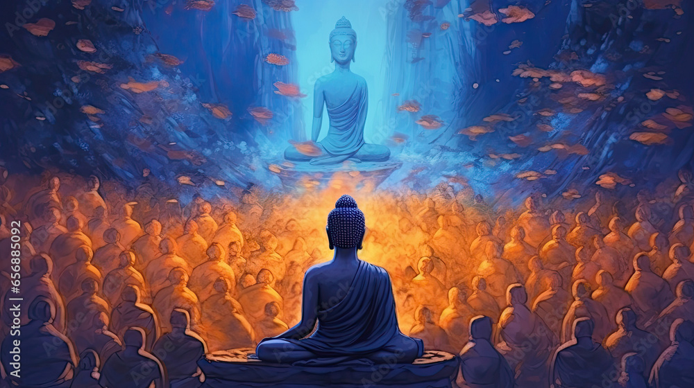 Buddha delivering teachings, Makha Bucha Day. Generative Ai - obrazy, fototapety, plakaty 