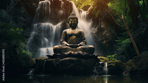 Buddha statue at the waterfall in nature. Generative Ai © tong2530