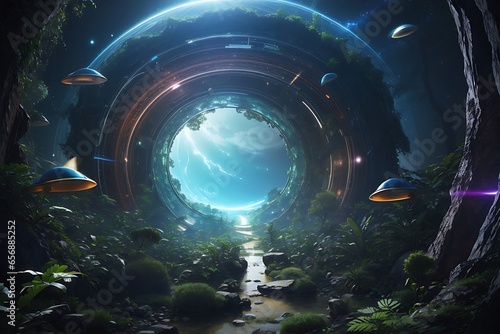a wormhole leading to another  alien world with an alien jungle