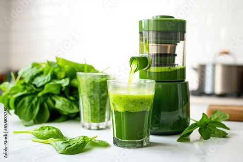 vibrant green juice in a glass next to a juicer photo