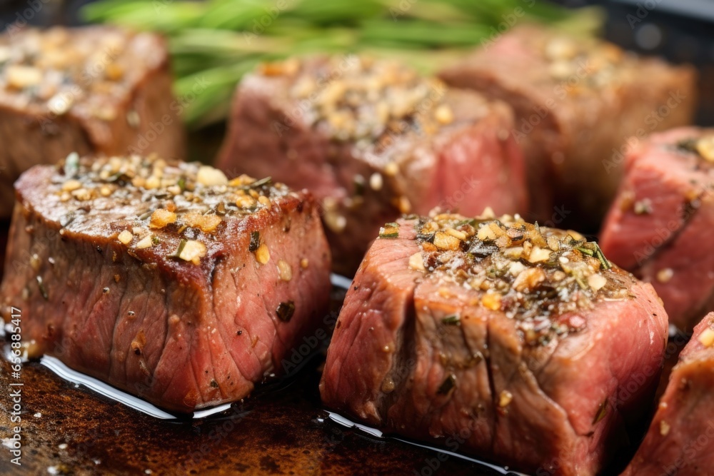 close-up of steak tips with a crust of garlic and herbs