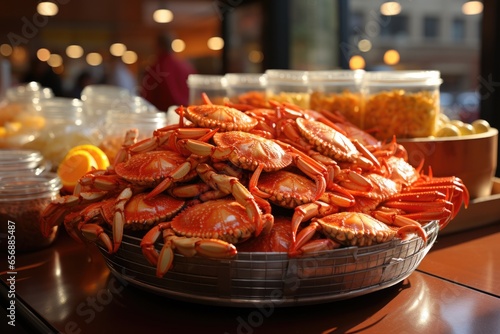 Fishermen cultivate and research crabs in organic farms, catch sell in market, as ingredients in restaurants. photo