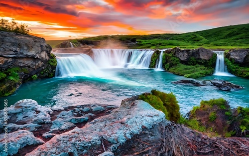 Seljalandfoss waterfall at sunset in HDR, Iceland. Colorful sunrise on the river, Iceland, Europe. Beauty of nature concept background
