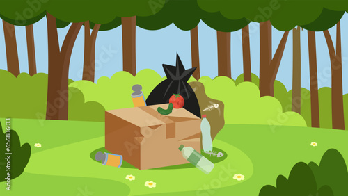 Garbage in the forest. Vector illustration in flat cartoon style.