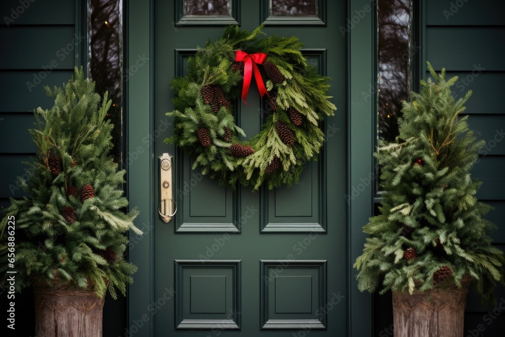 wreath made of evergreen branches on front door wreath made of evergreen branches on front door