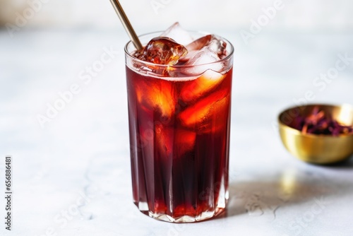 a glass of hibiscus iced tea with a steel spoon